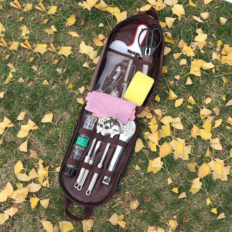 Lauko stovyklavietės virtuvės reikmenų maišelis maisto ruošimo reikmenų organizatorius virtuvės reikmenų laikymo krepšys, nešiojamas kelioninis kepsninės indų maišelis