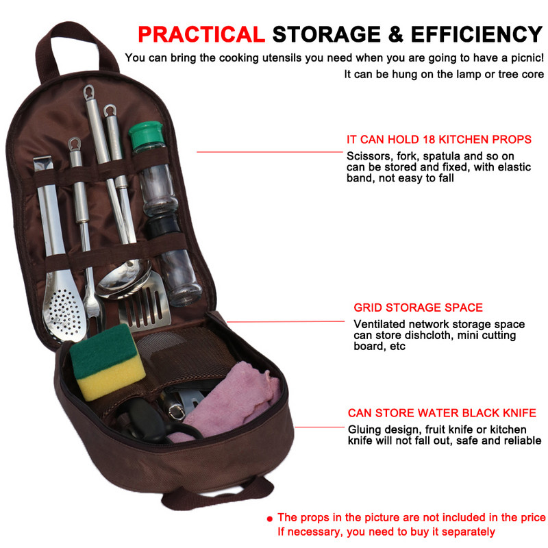 Lauko stovyklavietės virtuvės reikmenų maišelis maisto ruošimo reikmenų organizatorius virtuvės reikmenų laikymo krepšys, nešiojamas kelioninis kepsninės indų maišelis