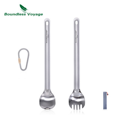 Határtalan Voyage titán hosszú nyelű kanál Spork Camping evőeszközök polírozott tálas hordozható evőeszközök könnyű étkészlettel