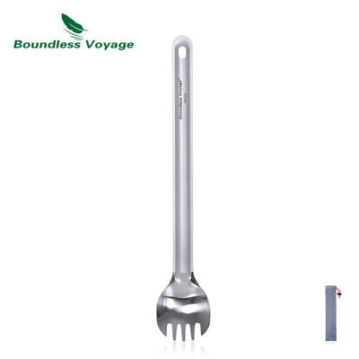 Neierobežota Voyage titāna karote ar garu rokturi Spork kempinga galda piederumi ar pulētu bļodu, pārnēsājamiem galda piederumiem, viegliem galda piederumiem