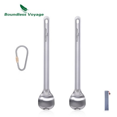 Neierobežota Voyage titāna karote ar garu rokturi Spork kempinga galda piederumi ar pulētu bļodu, pārnēsājamiem galda piederumiem, viegliem galda piederumiem