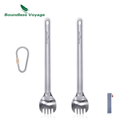 Neierobežota Voyage titāna karote ar garu rokturi Spork kempinga galda piederumi ar pulētu bļodu, pārnēsājamiem galda piederumiem, viegliem galda piederumiem