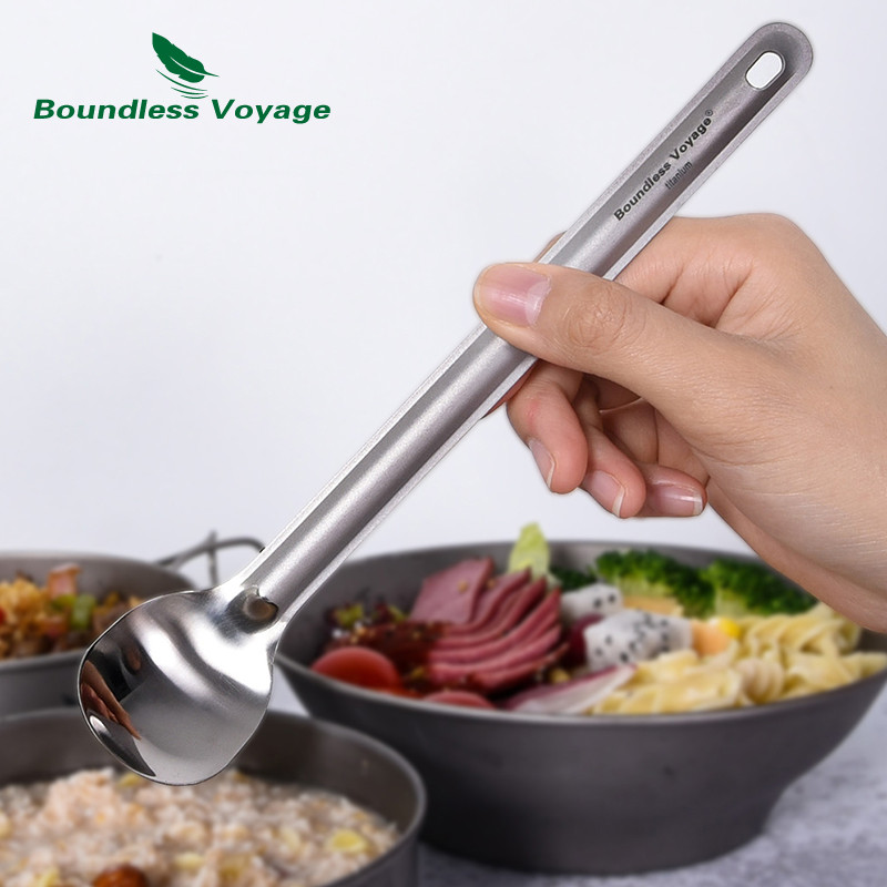 Neierobežota Voyage titāna karote ar garu rokturi Spork kempinga galda piederumi ar pulētu bļodu, pārnēsājamiem galda piederumiem, viegliem galda piederumiem