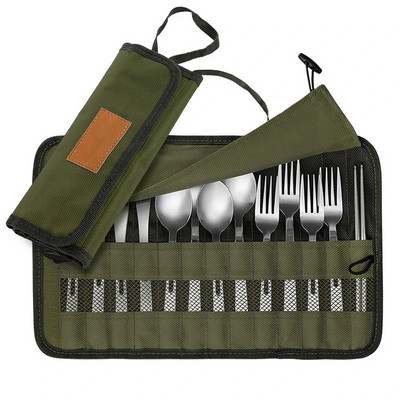 Lauko stovyklavimo stalo įrankių laikymo krepšys Nešiojamas suvyniojamas maišelis Stalo įrankių laikymo vandeniui atsparus dėklas šakėms Šaukštai Valgomoji lazdelė