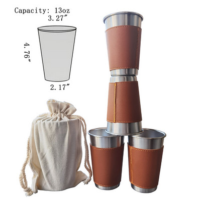4 ΤΕΜ/Παρτίδα 10-16 oz Σετ επιτραπέζια σκεύη για κάμπινγκ εξωτερικού χώρου, δερμάτινη θήκη από ανοξείδωτο ατσάλι, ποτήρια πόσιμου, φλιτζάνι κρύου ποτού