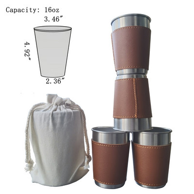 4 ΤΕΜ/Παρτίδα 10-16 oz Σετ επιτραπέζια σκεύη για κάμπινγκ εξωτερικού χώρου, δερμάτινη θήκη από ανοξείδωτο ατσάλι, ποτήρια πόσιμου, φλιτζάνι κρύου ποτού
