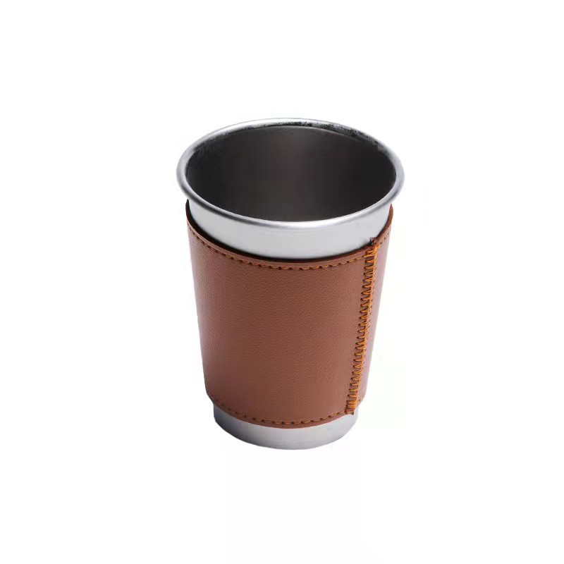 4 ΤΕΜ/Παρτίδα 10-16 oz Σετ επιτραπέζια σκεύη για κάμπινγκ εξωτερικού χώρου, δερμάτινη θήκη από ανοξείδωτο ατσάλι, ποτήρια πόσιμου, φλιτζάνι κρύου ποτού