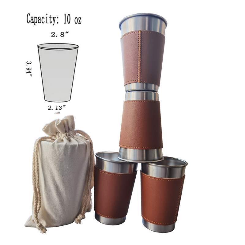 4 ΤΕΜ/Παρτίδα 10-16 oz Σετ επιτραπέζια σκεύη για κάμπινγκ εξωτερικού χώρου, δερμάτινη θήκη από ανοξείδωτο ατσάλι, ποτήρια πόσιμου, φλιτζάνι κρύου ποτού