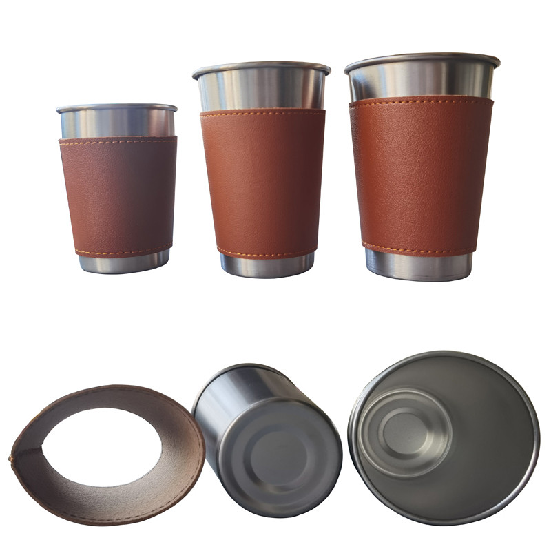 4 ΤΕΜ/Παρτίδα 10-16 oz Σετ επιτραπέζια σκεύη για κάμπινγκ εξωτερικού χώρου, δερμάτινη θήκη από ανοξείδωτο ατσάλι, ποτήρια πόσιμου, φλιτζάνι κρύου ποτού