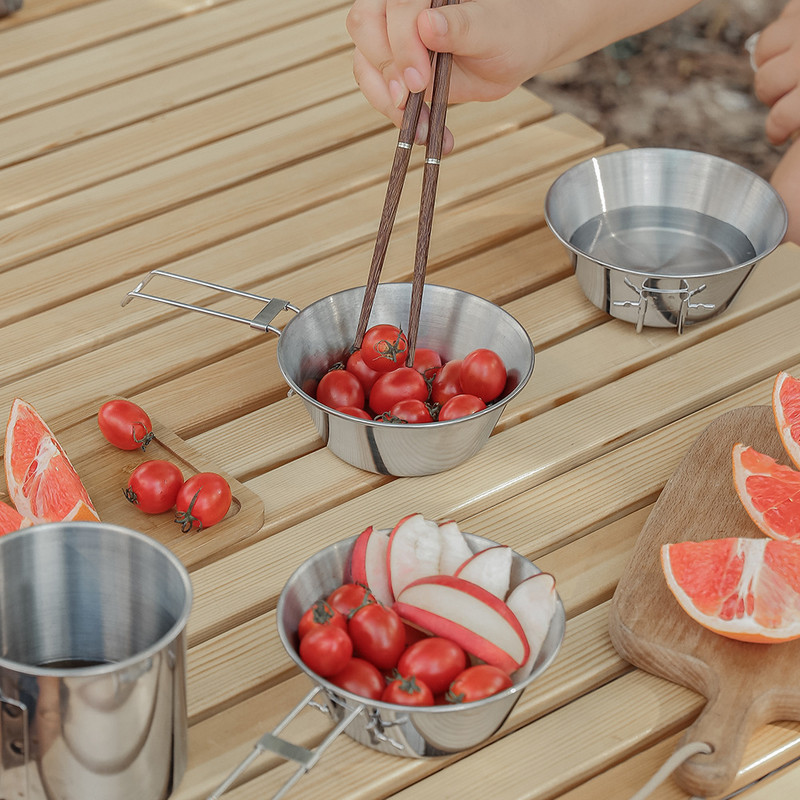 Összehajtható fogantyús tál kültéri kemping piknik túrázás élelmiszer konténer tábor hordozható rozsdamentes acél csésze étkészlet túrakellékek