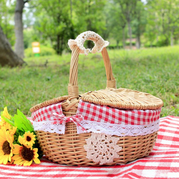 Външна кошница за пикник Ръчно изработена плетена кошница с капак с дръжка Кошница за съхранение на къмпинг Контейнер за храна Плодова цветна витрина Кутия