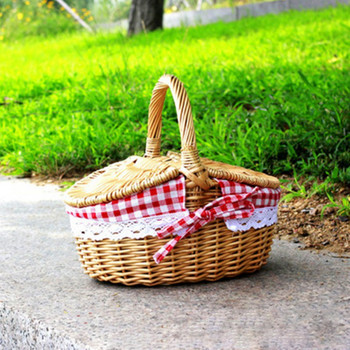 Външна кошница за пикник Ръчно изработена плетена кошница с капак с дръжка Кошница за съхранение на къмпинг Контейнер за храна Плодова цветна витрина Кутия
