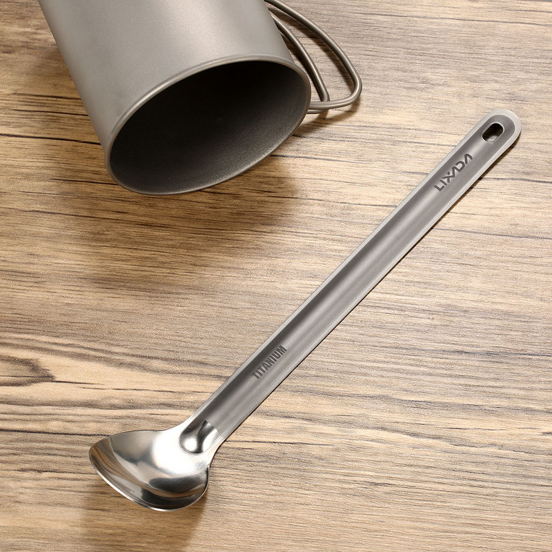 Lixada titán hosszú nyelű kanál polírozott tállal kültéri hordozható vacsorakanál evőeszköz kemping hátizsákos piknik