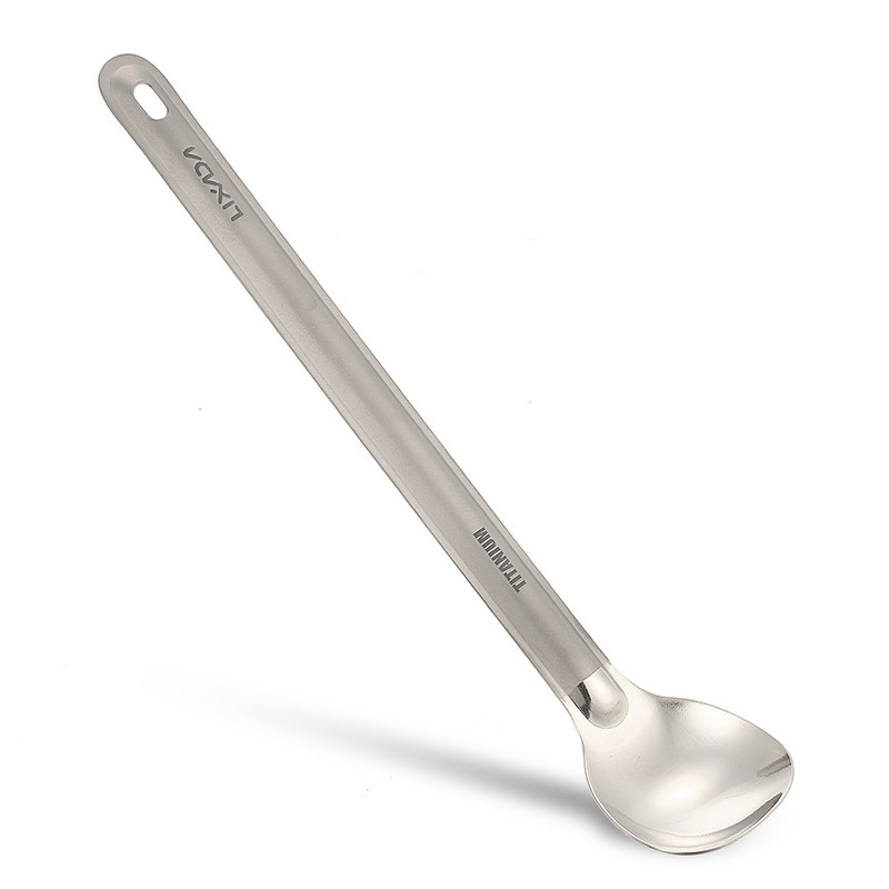Lixada titán hosszú nyelű kanál polírozott tállal kültéri hordozható vacsorakanál evőeszköz kemping hátizsákos piknik