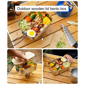 Непропусклива топлоизолация от неръждаема стомана, дървена обвивка Контейнер за храна за обяд Бенто кутия за къмпинг на открито Оборудване за пикник