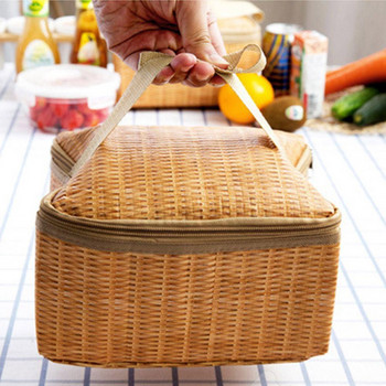 Преносима плетена ратанова чанта за пикник на открито Водоустойчива посуда Изолиран термичен охладител Контейнер за храна Кошница за къмпинг P S3S6