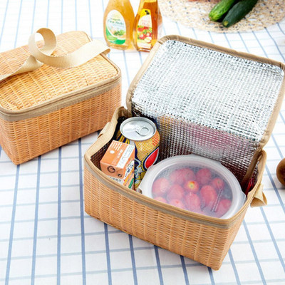 Portable Wicker Rattan Outdoor Picnic Bag Waterproof Tableware Insulated Thermal Cooler Food Container Basket For Camping P S3S6