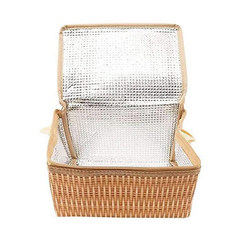 Hordozható fonott rattan kültéri pikniktáska vízálló étkészlet szigetelt hőhűtő ételtartó kosár kempingezéshez P S3S6