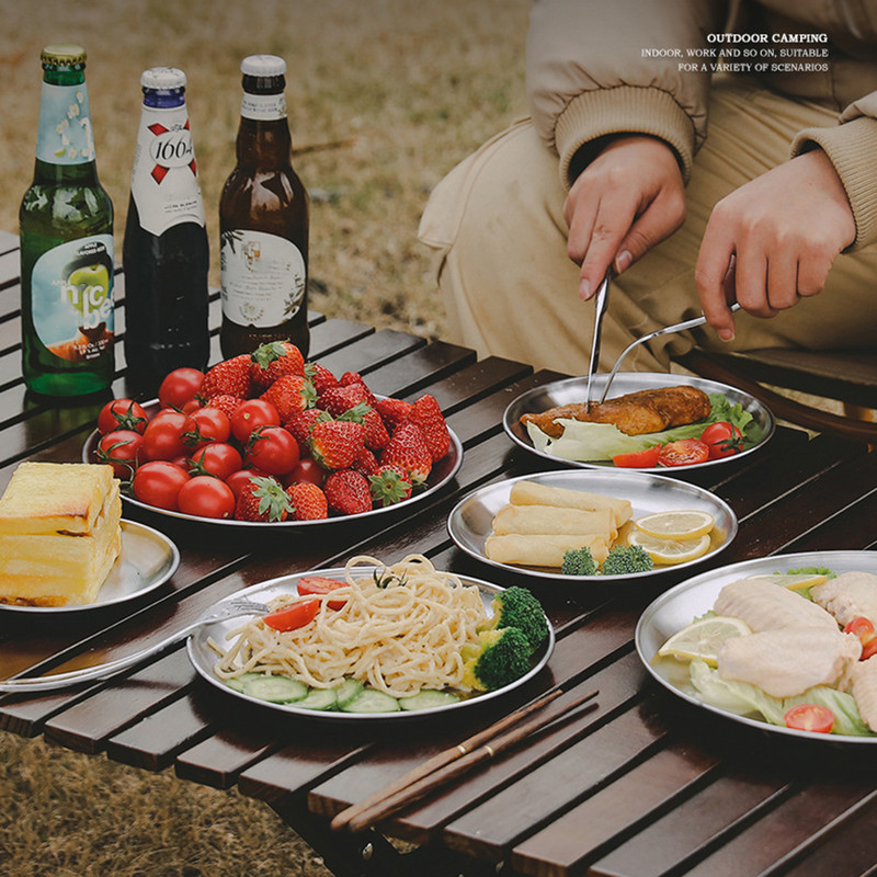 Rozsdamentes acél evőeszközök Több méretű lapos edények Tálak Tányérok Kemping Piknik Grill Party Főzőedények Evőeszközök