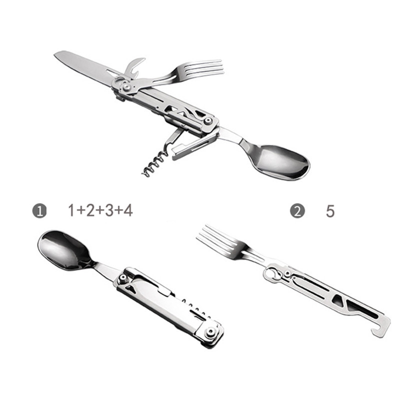 Lauke sulankstomi stalo reikmenys nerūdijančio plieno nešiojamasis peilis šakutė stovyklavimo stalo įrankiai šaukštas butelių atidarytuvo rinkinys pikniko žygių kelionių įrankiai