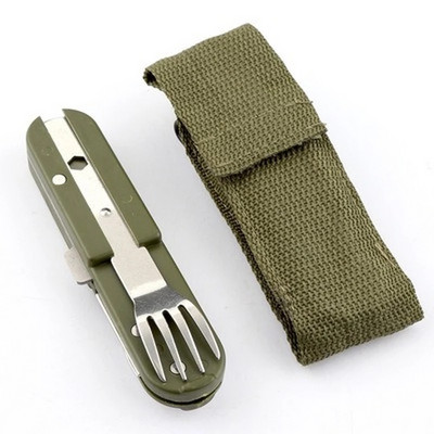 „Army Green“ stovyklavimo reikmenys kelionėms stovyklavimo šakutė Šaukštas butelių atidarytuvas Sulankstomas iškylų rinkinys nerūdijančio plieno nešiojamos įrangos stalo reikmenys
