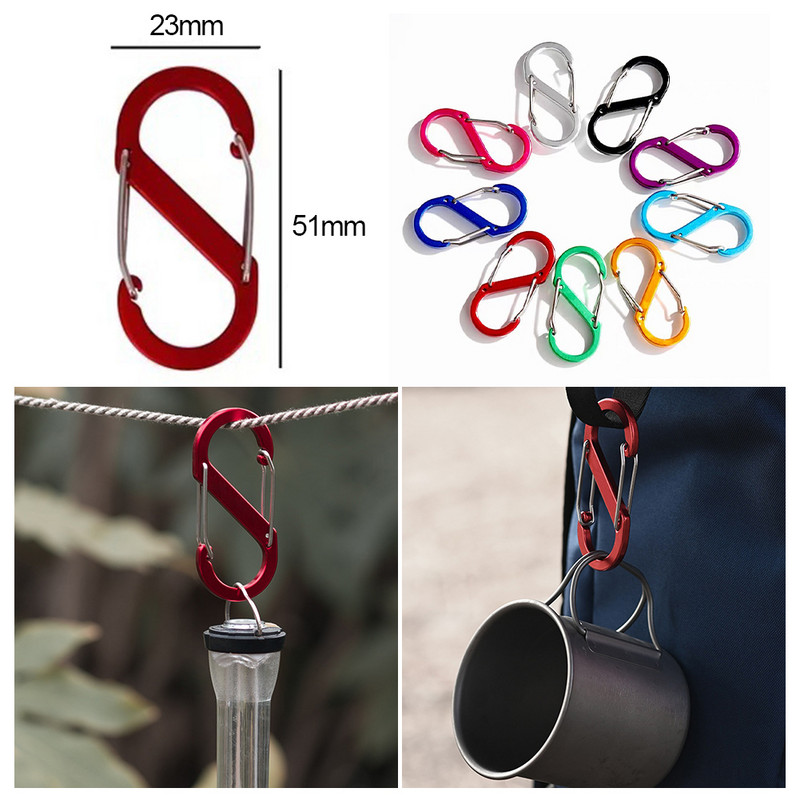 10db rozsdamentes acél S típusú karabiner zárral mini kulcstartó kampós lopásgátló kültéri kemping hátizsák csat kulcszár eszköz