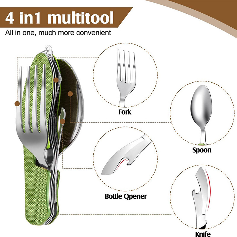 4 vienā āra galda piederumu komplekts nerūsējošā tērauda salokāmi galda piederumi, daudzfunkcionāli kempinga dakša karote nazis grilēšanas ballītei pārgājieni ceļojumi