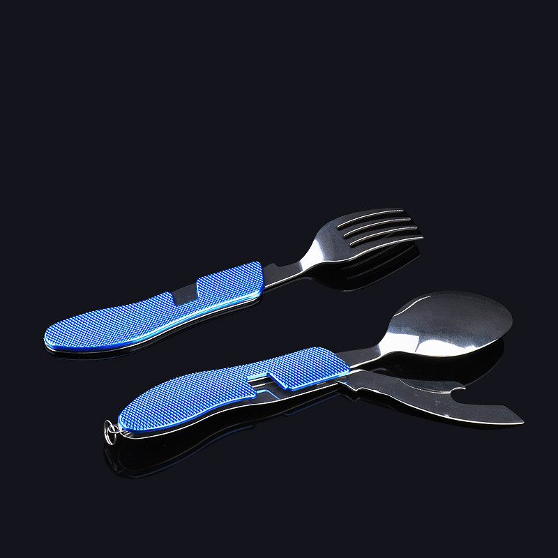 4 vienā āra galda piederumu komplekts nerūsējošā tērauda salokāmi galda piederumi, daudzfunkcionāli kempinga dakša karote nazis grilēšanas ballītei pārgājieni ceļojumi