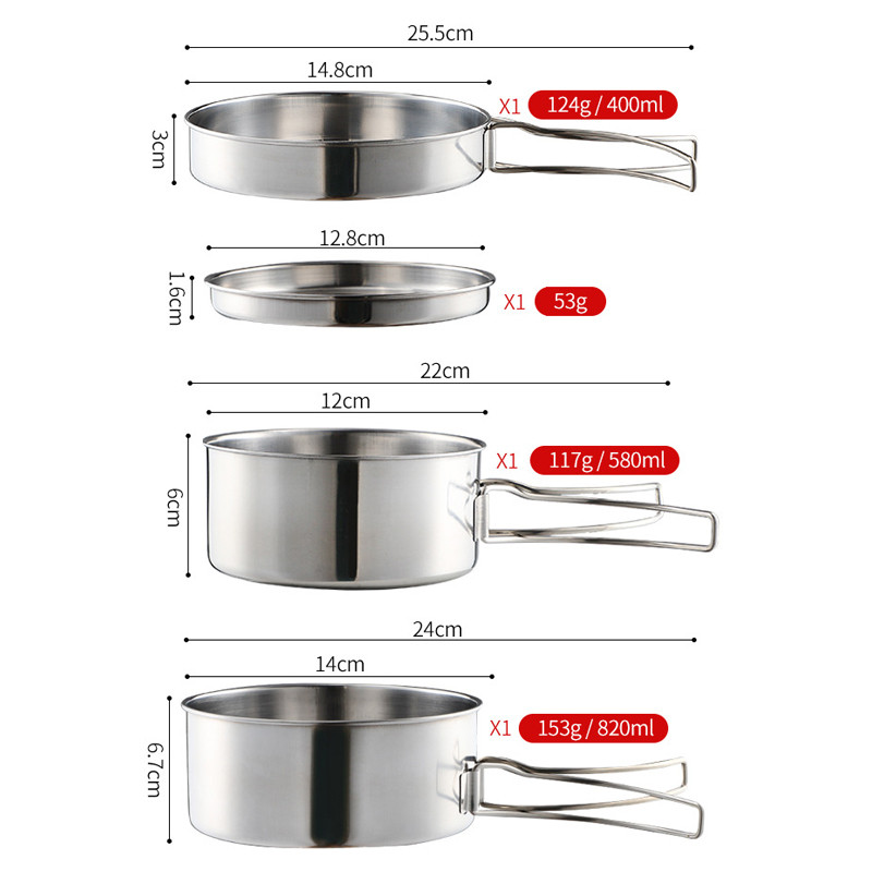 Nerūsējošā tērauda āra komplekts, 4 daļīgs kempinga katls, pārnēsājams saliekams katls kempinga trauku komplekts, piederumi gatavošanas virtuvei, piknikam, pārgājieniem
