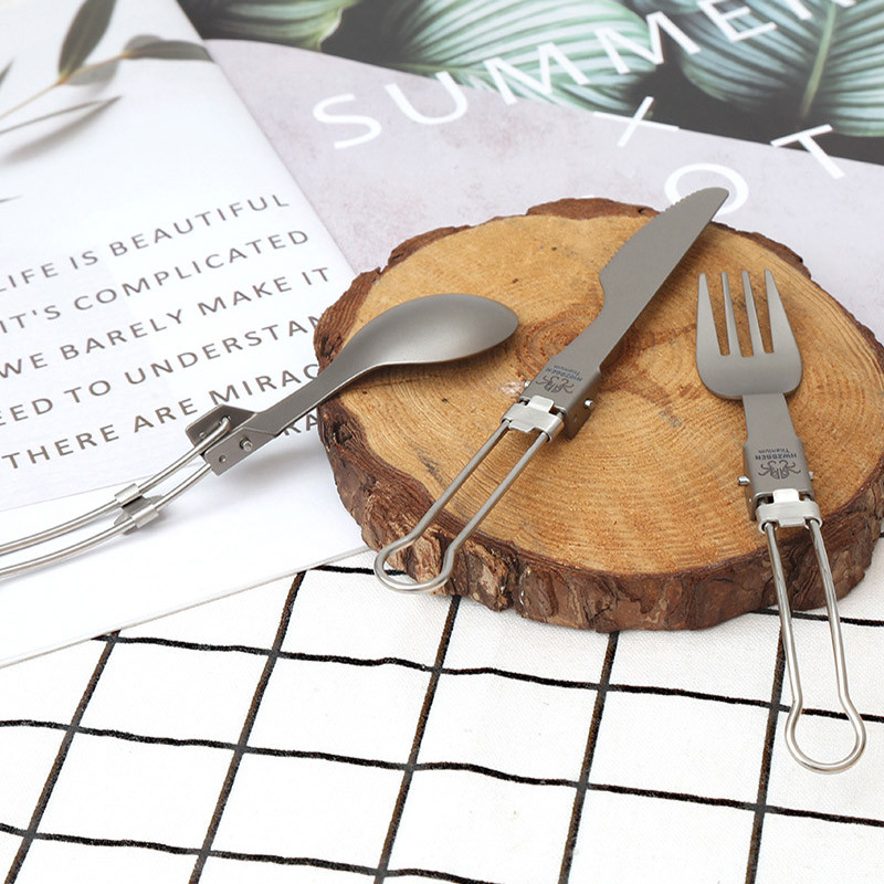 Āra kempinga dakšu nažu karotes komplekts salokāmi titāna īpaši vieglie trauki virtuves piederumi, pārgājieni, mugursoma, 3 datori galda piederumi