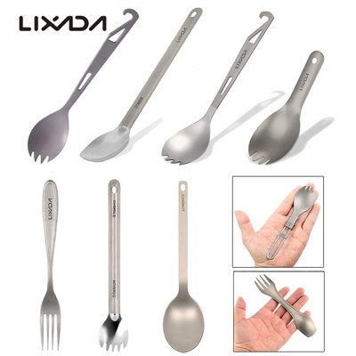 Lixada 100 % titano šakutė, lauko stovyklavimo stalo reikmenys iškylai šaukštas šakutė Nešiojama kuprinė žygiams BBQ titano šaukštai