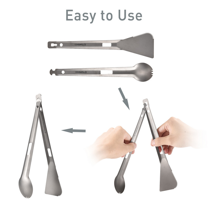 Tomshoo Titanium Multi Tong Spork Shovel Spatula All-In-One edény hordozható kemping grillezési étkészlet szabadtéri kempingezéshez