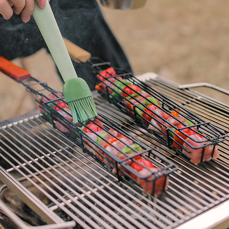 1 db kültéri grillsütő hordozható fa fogantyú rozsdamentes acél hús étel villa sütőpálca nyárs Konyha kemping piknik eszközök