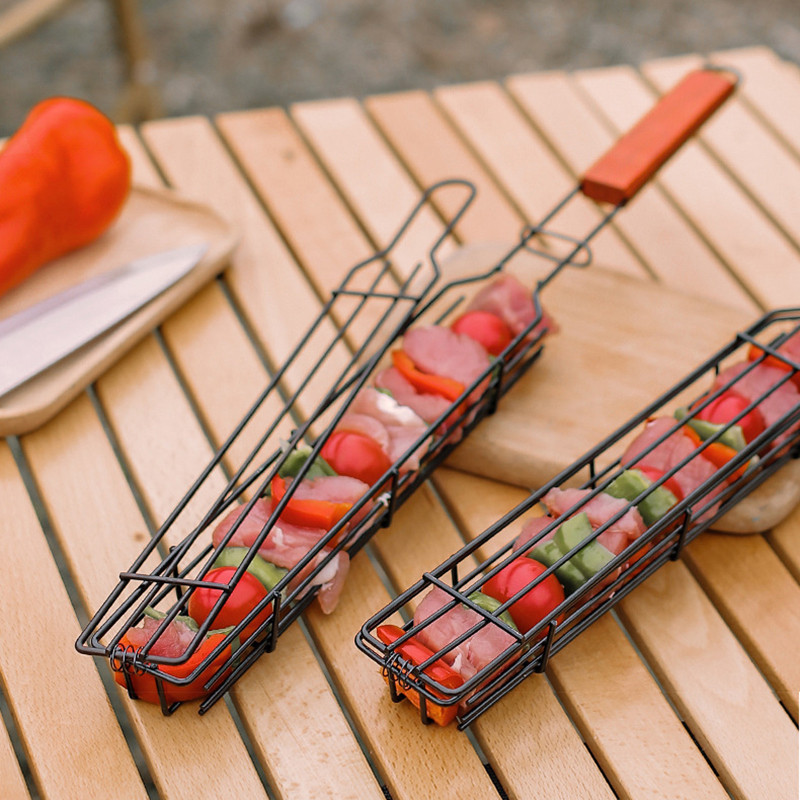 1 db kültéri grillsütő hordozható fa fogantyú rozsdamentes acél hús étel villa sütőpálca nyárs Konyha kemping piknik eszközök