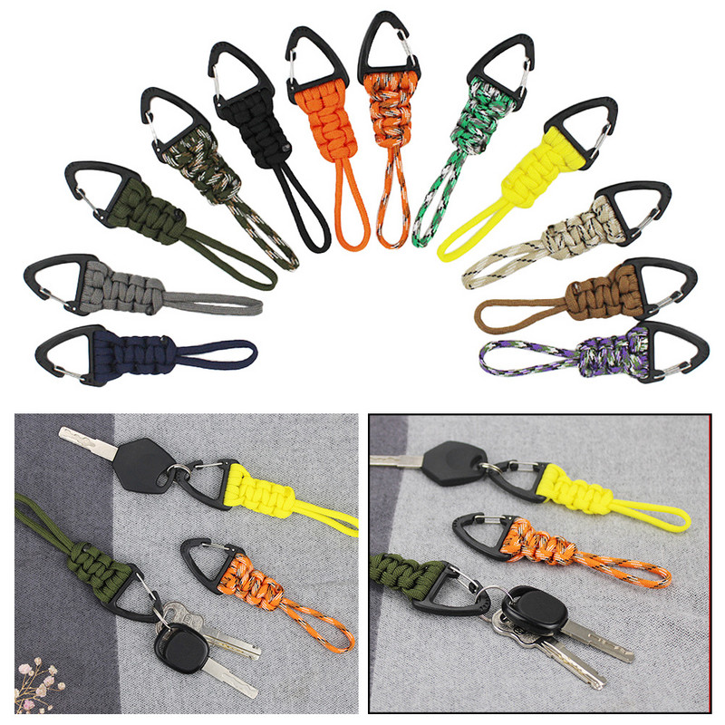 Paracord kulcstartó katonai fonott nylon zsinór fém háromszög csattal, nagy szilárdságú ejtőernyős zsinór karabinerrel