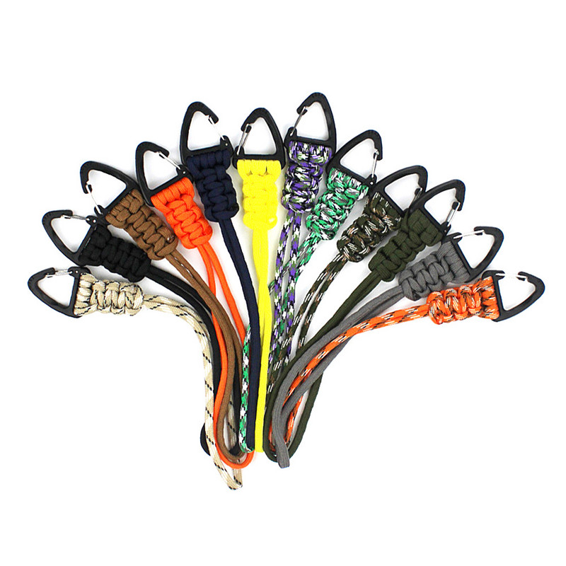 Paracord kulcstartó katonai fonott nylon zsinór fém háromszög csattal, nagy szilárdságú ejtőernyős zsinór karabinerrel