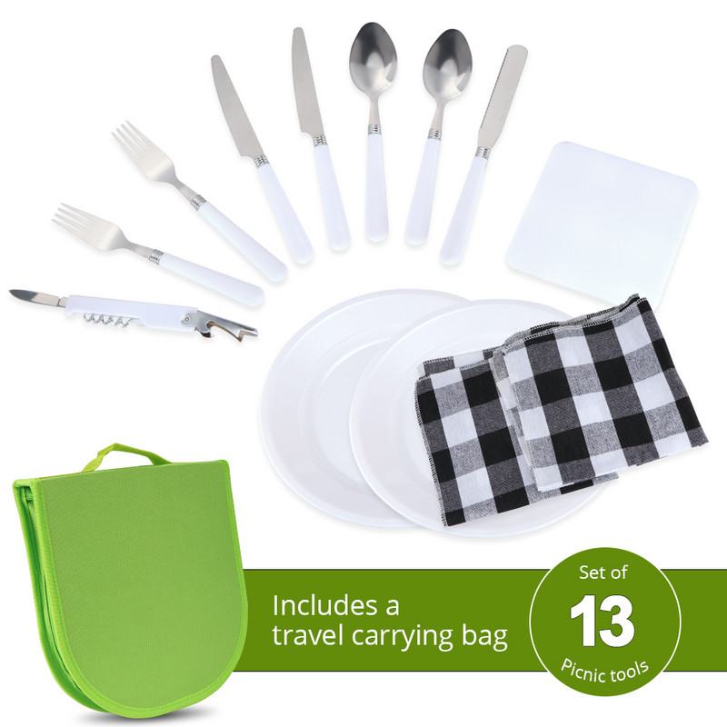 Kemping evőeszköz készlet 13 részes tányéros kanál bornyitó villaszalvéta kültéri piknik konyha grillezési evőeszköz piknik készlet