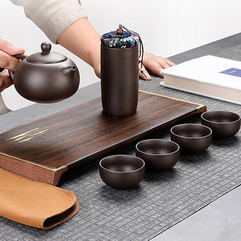 Керамичен комплект за чай с лилав пясък Преносим чайник за пътуване на открито и комплект чаши с хавлиена кутия за чай и чанта за носене