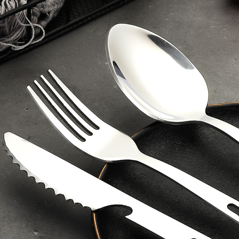 4 az 1-ben kemping evőeszköz túra evőeszköz készlet rozsdamentes acél evőeszköz kanál villa kés sörnyitó kombinált készlet hátizsákos utazáshoz