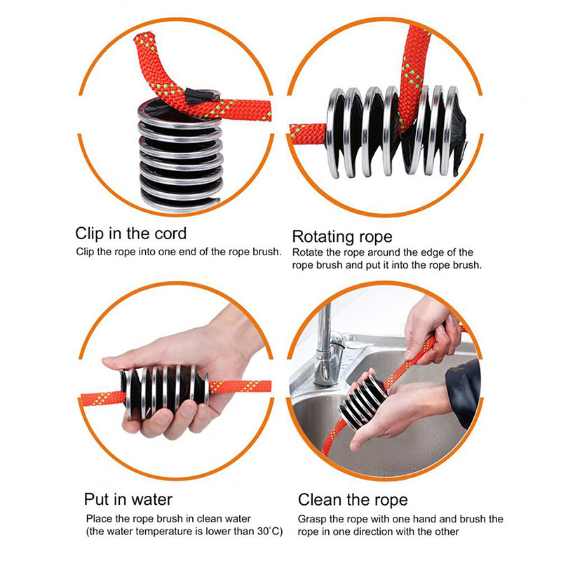 Laipiojimo lynų valymo šepetys nerūdijančio plieno lukšto uola Žygių speleo virvės plovimo šepečiai lauko stovyklavimo palapinės virvės valymo įrankis