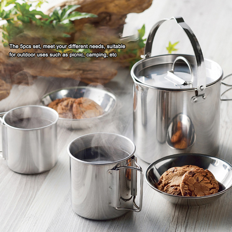 5db kemping edénykészlet kültéri hordozható piknik edénykészlet rozsdamentes acél vízforraló tál csésze étkészlet főzőtartozék