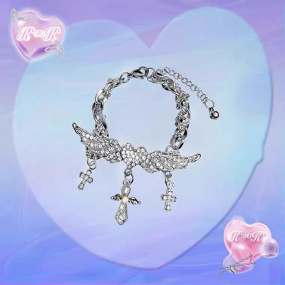 Y2k Jewelry Rhinestone Love Heart Wings Cross Tērauda Tai šarmu rokassprādze sievietēm 2000. gadu luksusa dizainera estētiskas rokassprādzes dāvana