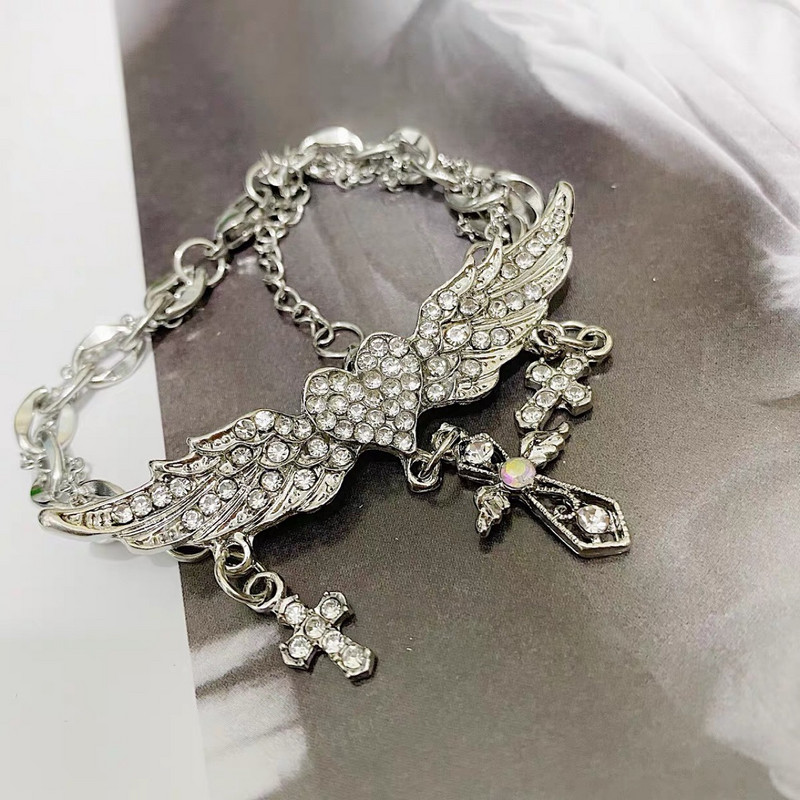 Y2k Jewelry Rhinestone Love Heart Wings Cross Tērauda Tai šarmu rokassprādze sievietēm 2000. gadu luksusa dizainera estētiskas rokassprādzes dāvana