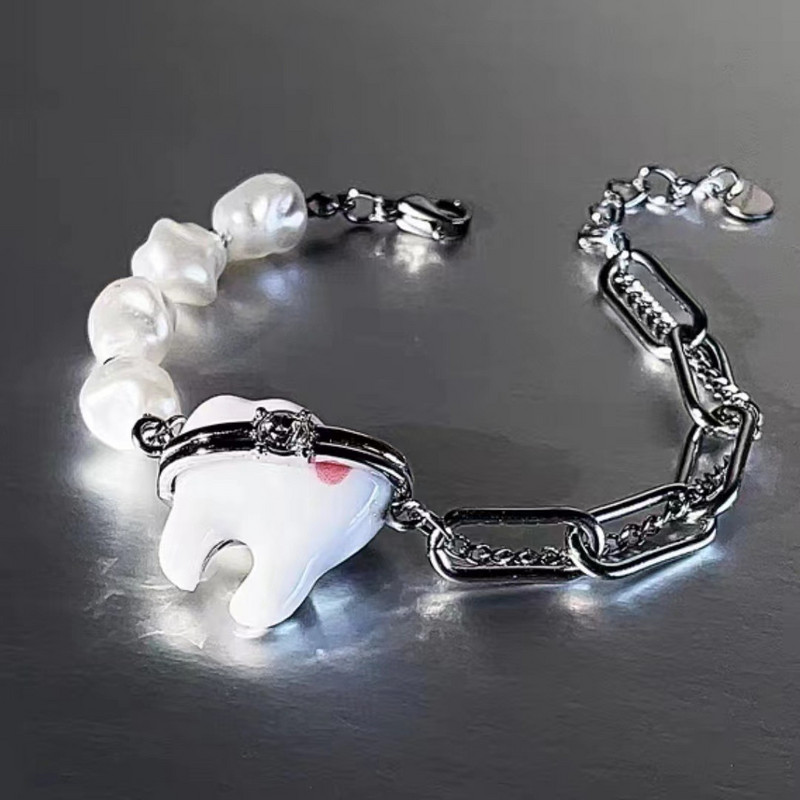 2022 Trend Zobu Rhinestone neregulāras pērļu ķēdes savienojuma rokassprādze sievietēm Creative Fun Charm Rokassprādze Y2K estētiskās rotaslietas