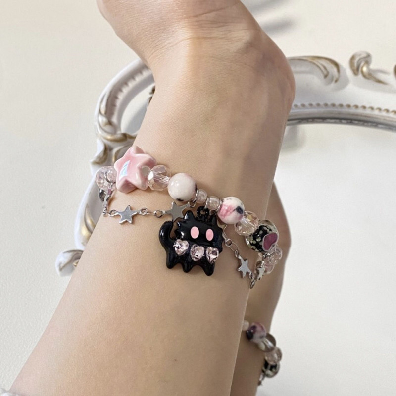 Melna kaķa sirds Rhinestone Pentagram zvaigžņu krelles rokassprādze sievietēm Estētiska Salda Cool Trend Rotaslietas Korejas modes rotaslietas Jauns