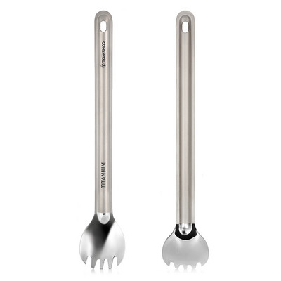 Spork cu mâner lung din titan cu castron lustruit, portabil în aer liber, tacâmuri pentru cină, camping, rucsac, picnic