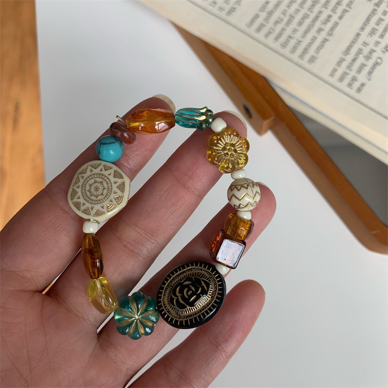 Madinga tamsiai akrilo gėlių apyrankė su karoliukais moterims Madinga Vintage Boho Delicate Stretch Apyrankė Statement Jewelry Estetika