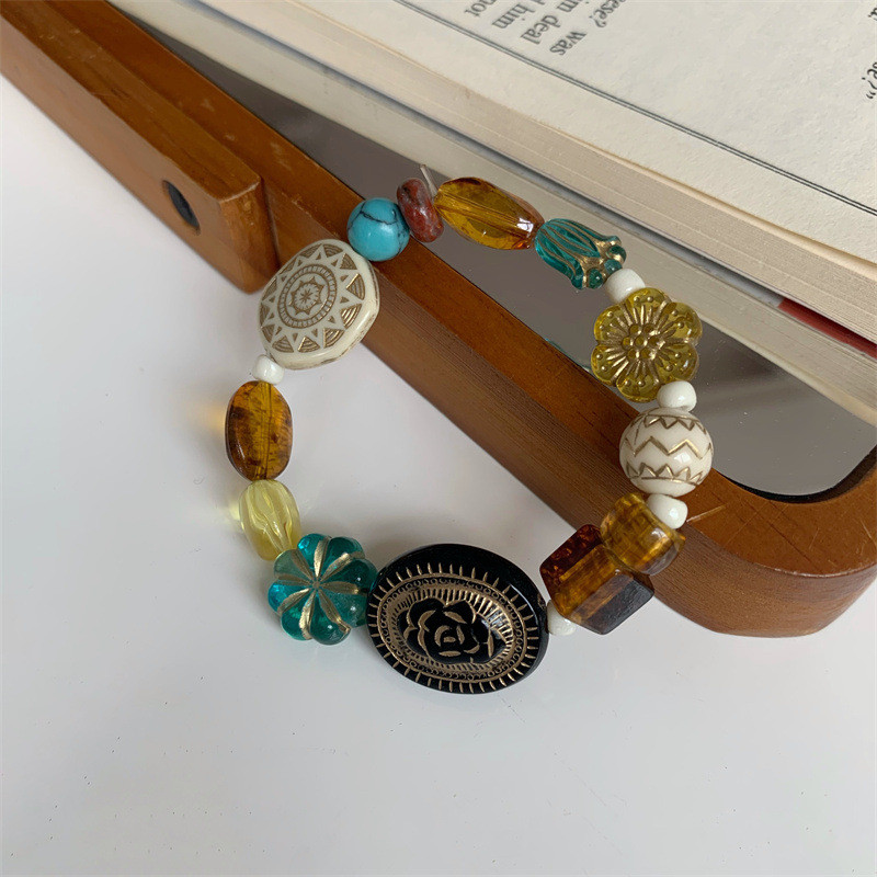 Madinga tamsiai akrilo gėlių apyrankė su karoliukais moterims Madinga Vintage Boho Delicate Stretch Apyrankė Statement Jewelry Estetika