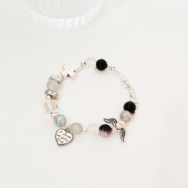 Esztétika Angyal szárnyak szív kereszt gyöngyös karkötő nőknek Retro Trend Sweet Cool Charm karkötő Vintage divat ékszer ajándék