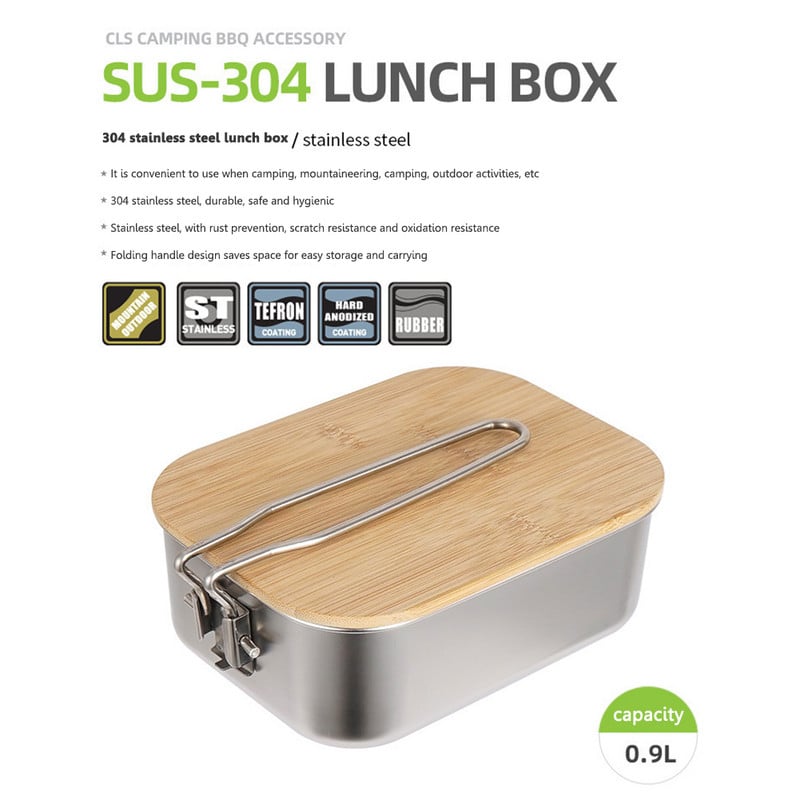 900 ml-es kültéri kemping ebédlődoboz rozsdamentes acél túra bádog piknik ételebéd edény bambusz borítással CLS vágódeszkával